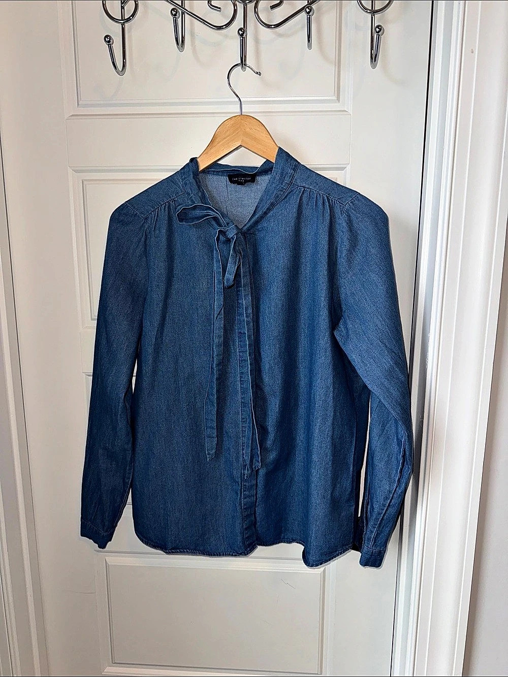 The Limited Denim Tie Neck Blouse Blue Size Medium
